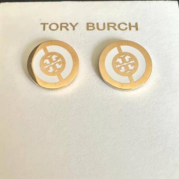 NWT- Tory Burch Logo White Enamel Button Earrings - Picture 1 of 3